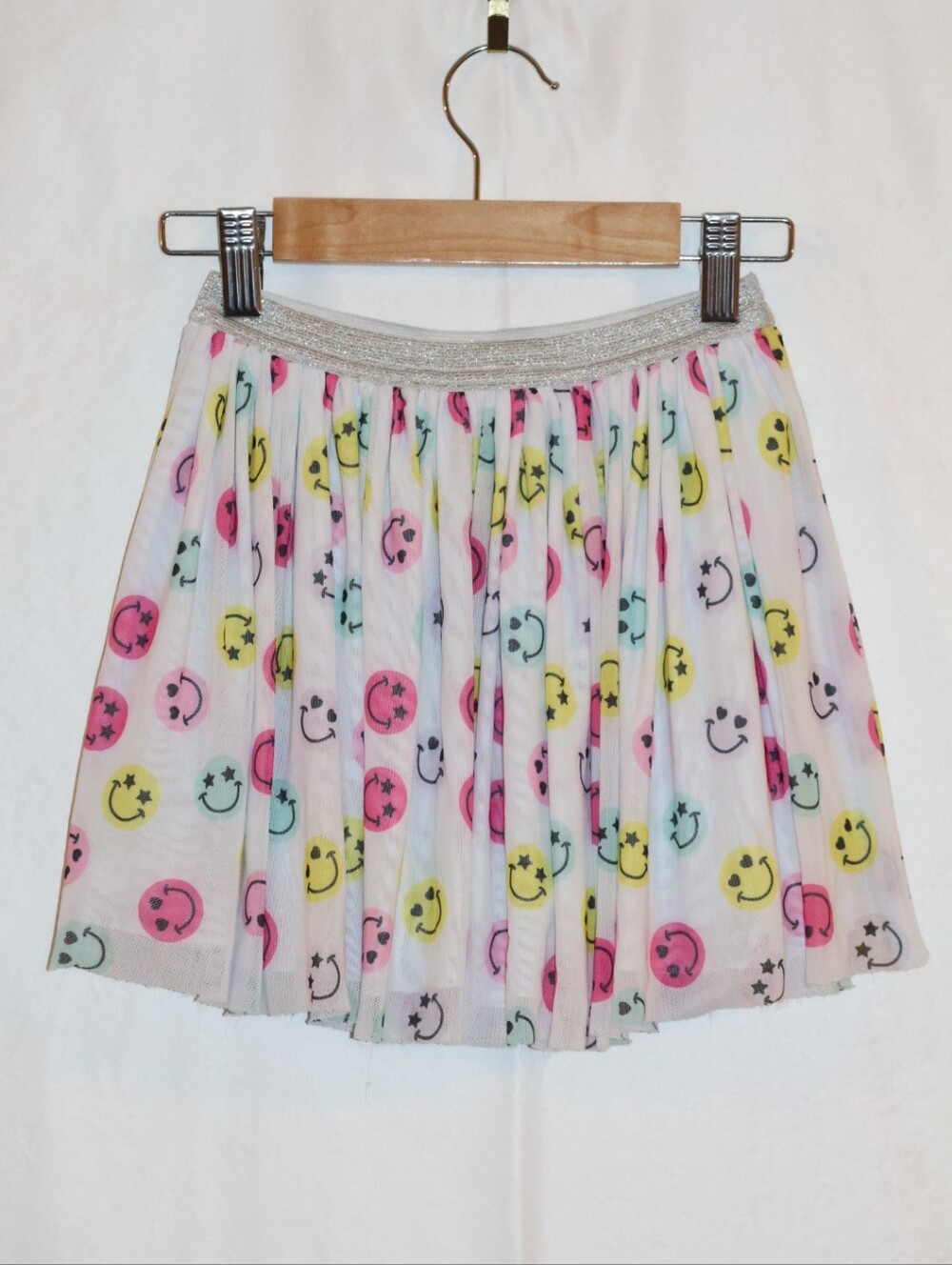 Young Hearts Smiley Face Pleated Tulle Tutu Skort-Silver Waistband, Multicolored